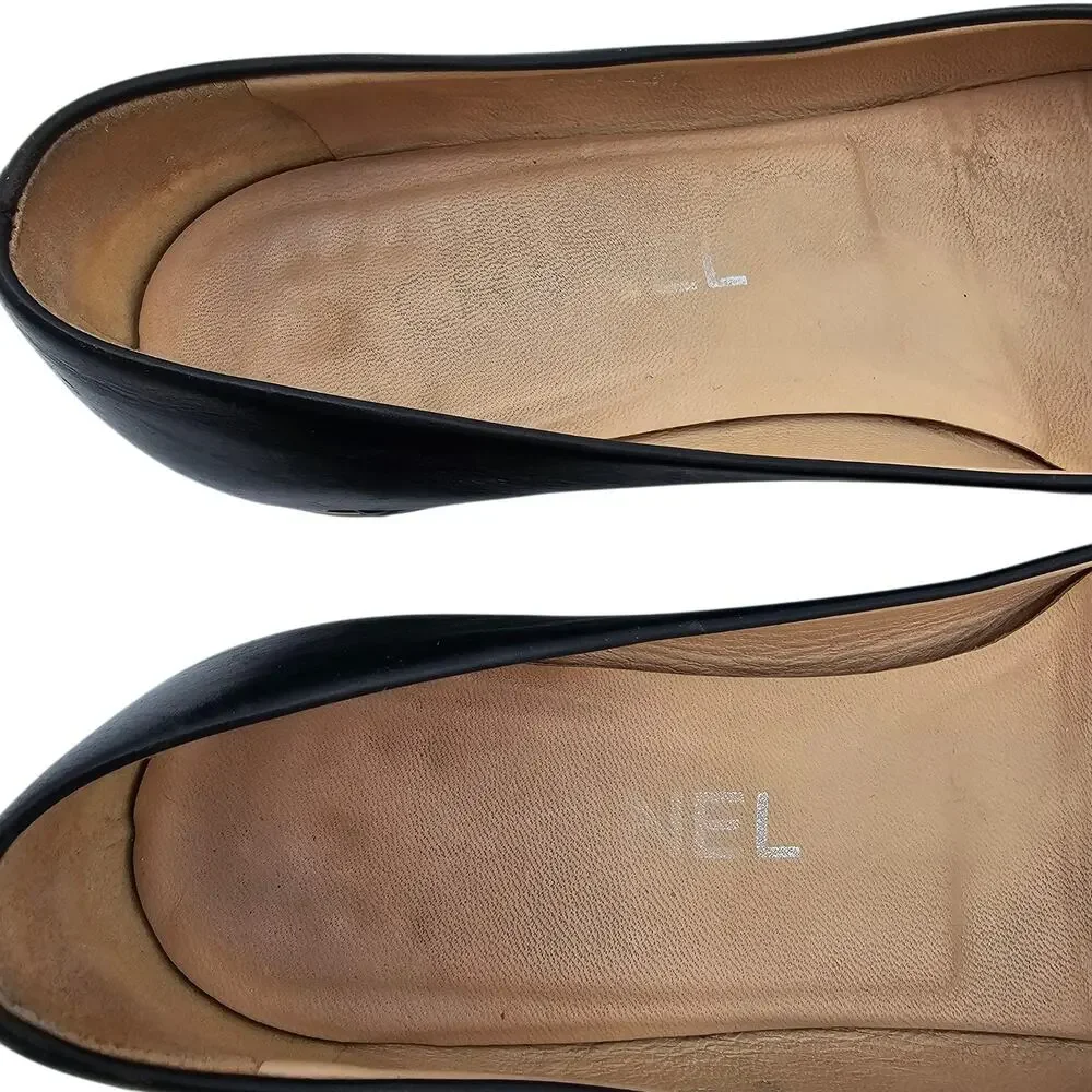 Chanel CC Cap Toe Ballet Flat Slipper Black Leather Chain Size 36.5 US 5.5 6 - Picture 9 of 12